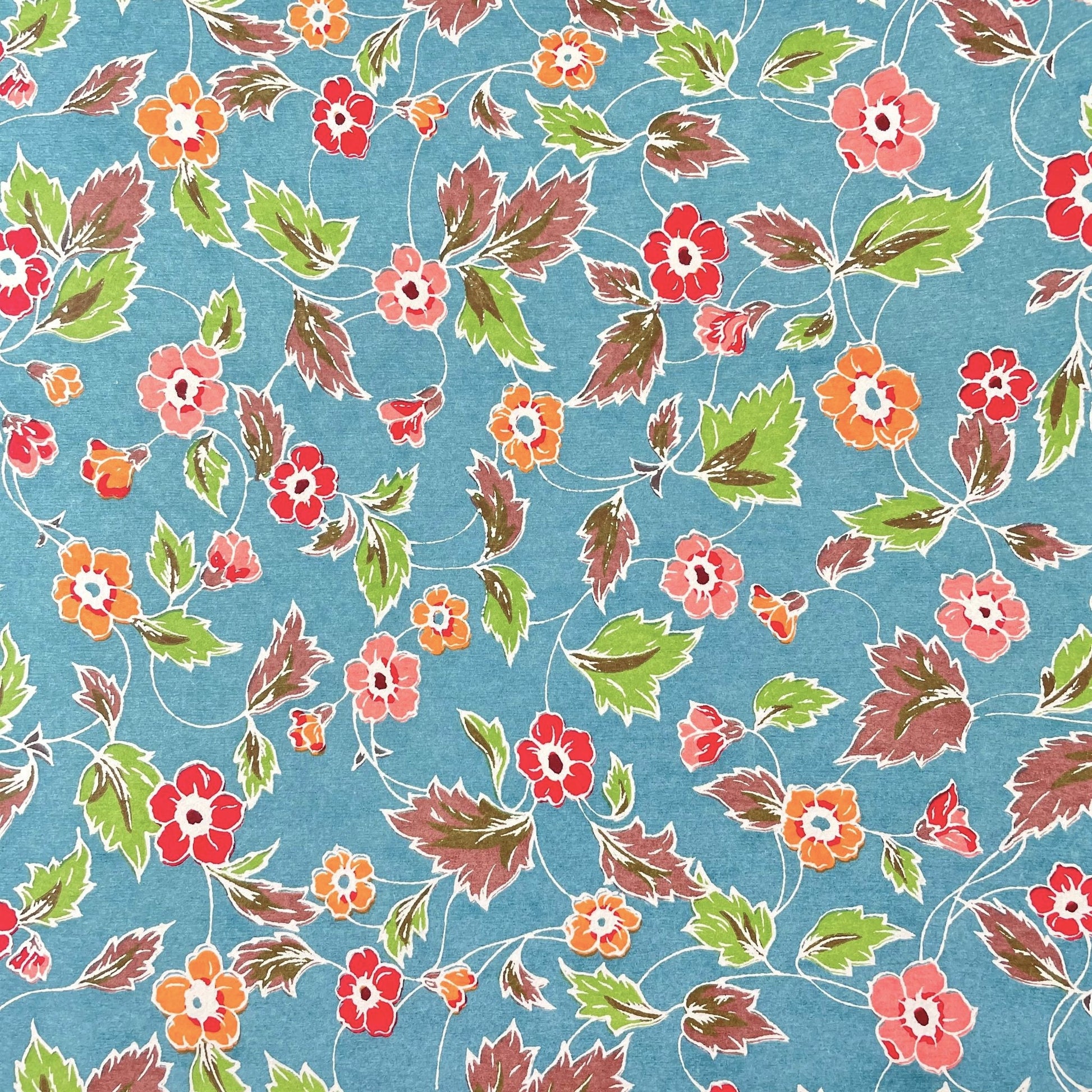 japanese stencil-dyed handmade paper with delicate repeat multi colour floral pattern on blue backdrop