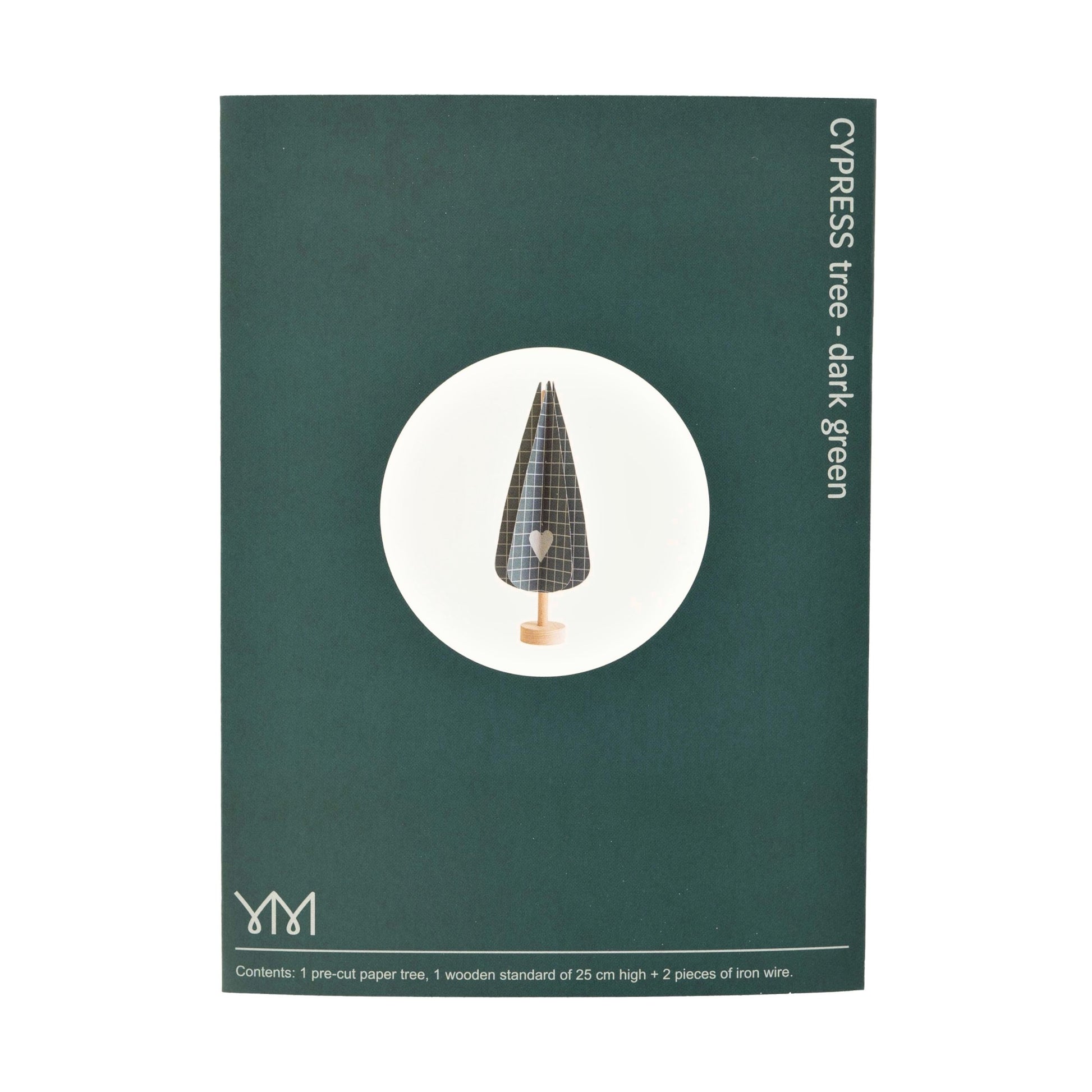 paper craft kit of a dark green cypress tree by Jurianne Matter, product packaging pictured