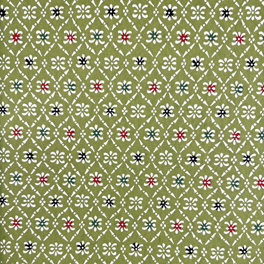 Japanese stencil-dyed katazome-shi paper with a white geometric pattern on green backdrop.