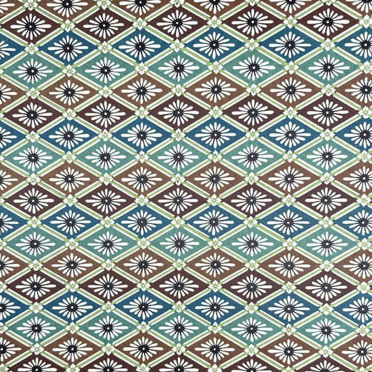 A Japanese stencil-dyed patterned paper with a repeat pattern of floral diamonds in tones of blue, aqua, brown and white.