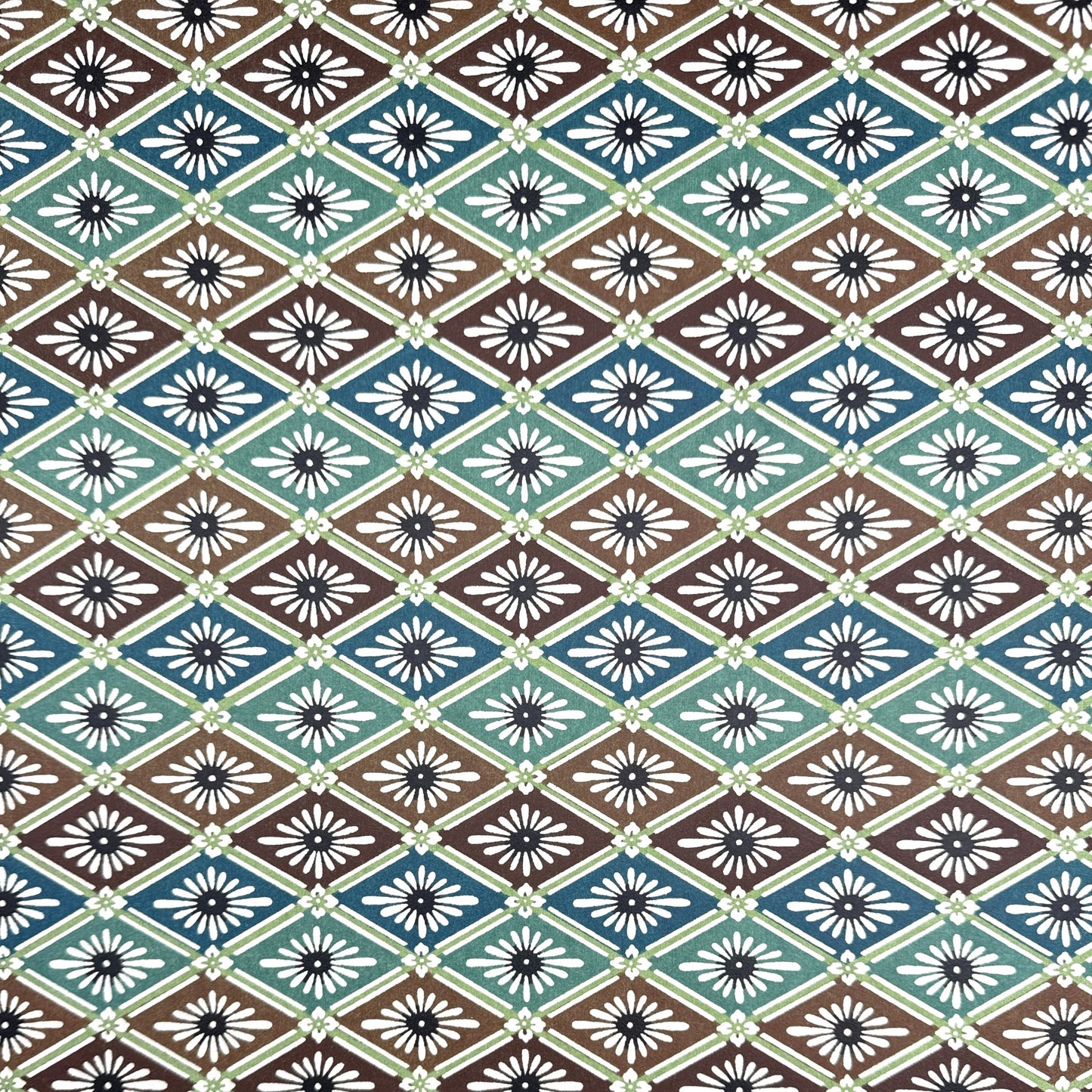 A Japanese stencil-dyed patterned paper with a repeat pattern of floral diamonds in tones of blue, aqua, brown and white.