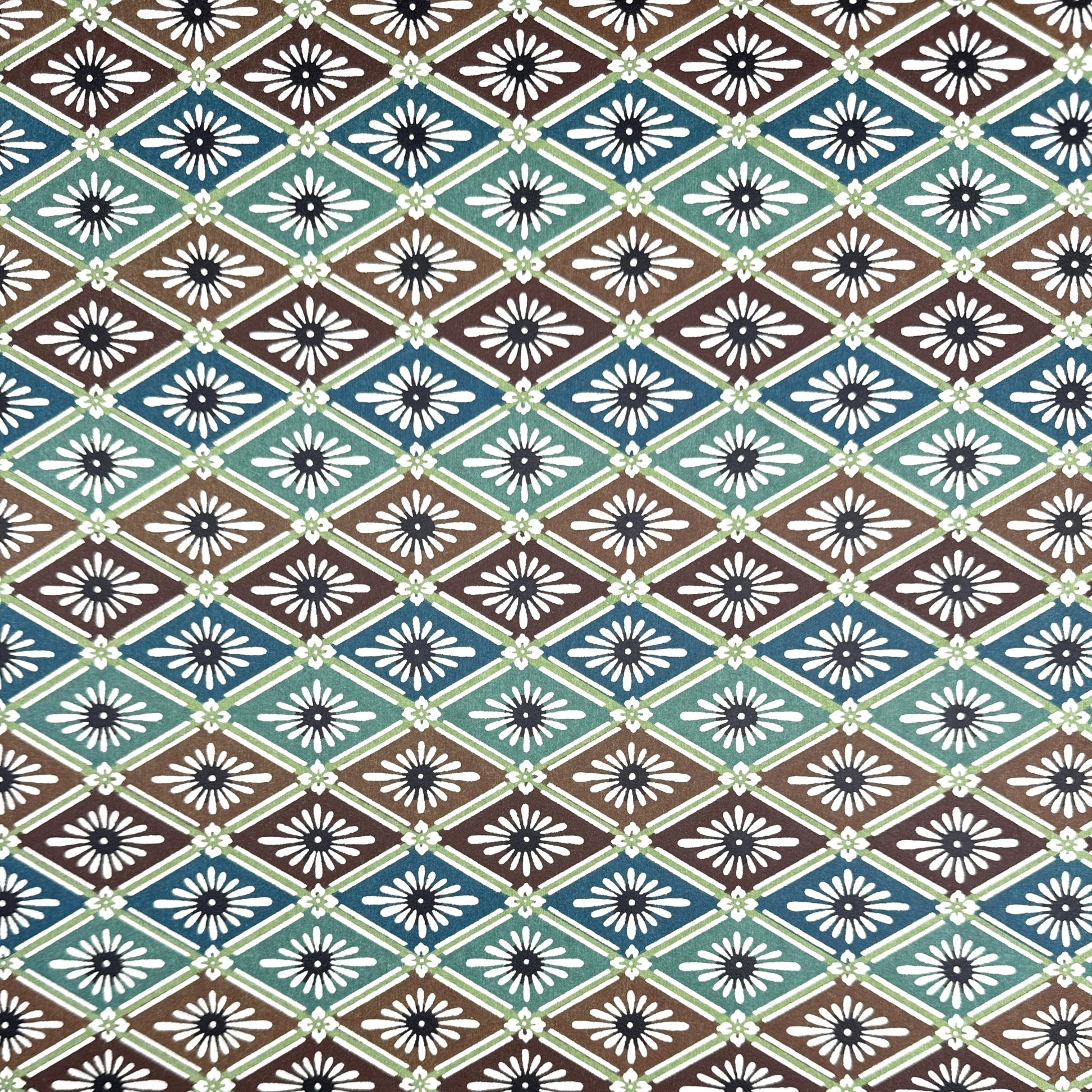 A Japanese stencil-dyed patterned paper with a repeat pattern of floral diamonds in tones of blue, aqua, brown and white.