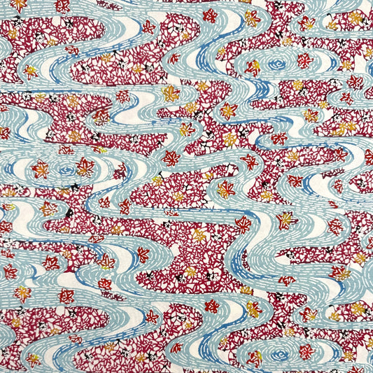 Japanese stencil-dyed paper with a pattern of a stylised blue river and dark red banks of flowers.