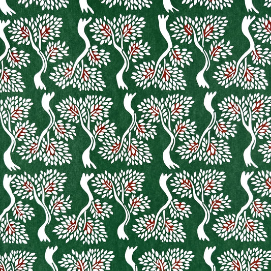 A Japanese stencil-dyed patterned paper in dark green with a repeat pattern of white bonsai trees.