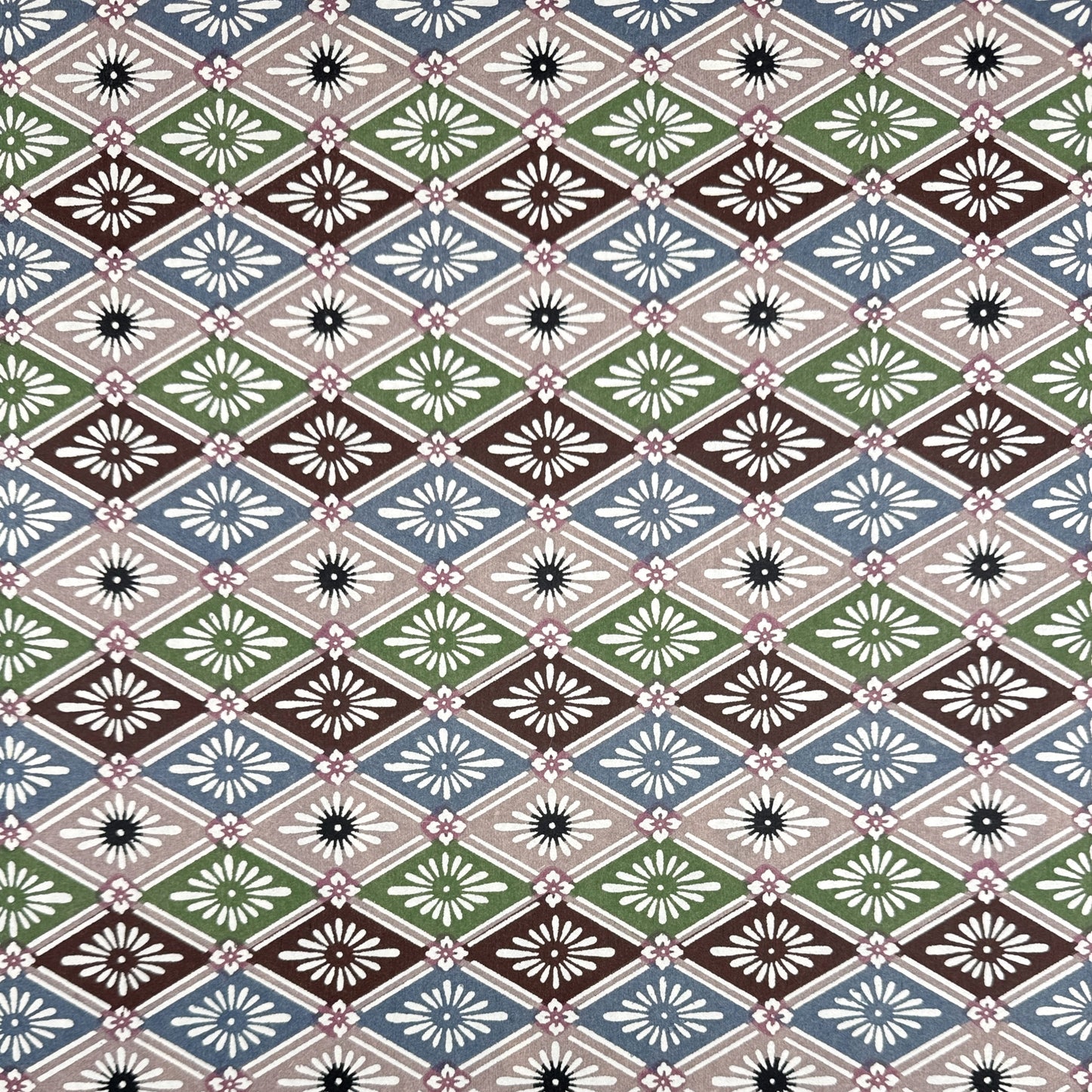 A Japanese stencil-dyed patterned paper with a repeat diamond floral pattern in blue, taupe, green and brown.