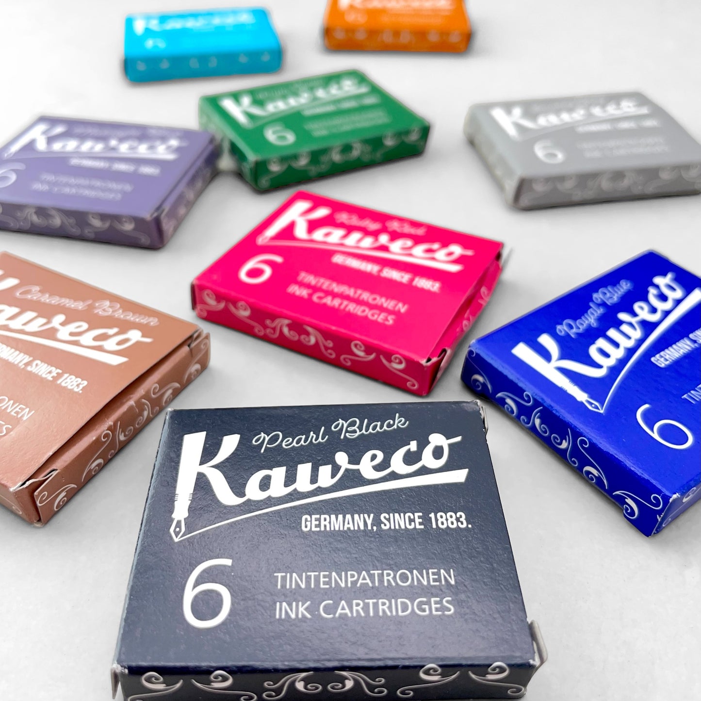 Box of 6 ink cartridges by Kaweco in smokey grey colour