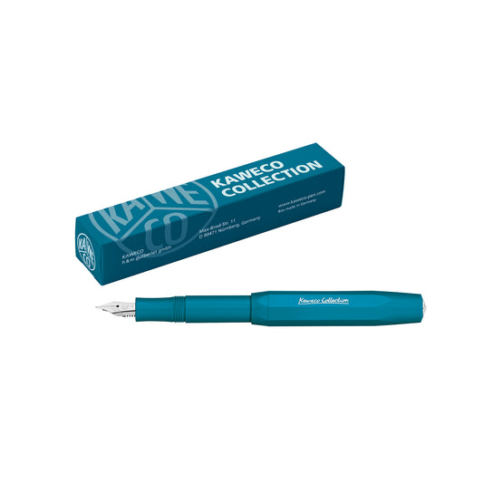 Kaweco Collection Sport fountain pen in cyan, pictured with cap posted and presentation box.