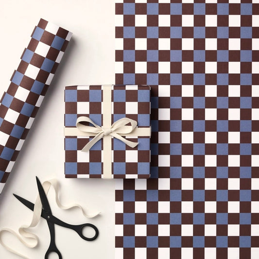 a sheet of checkered wrapping paper in brown, blue and white