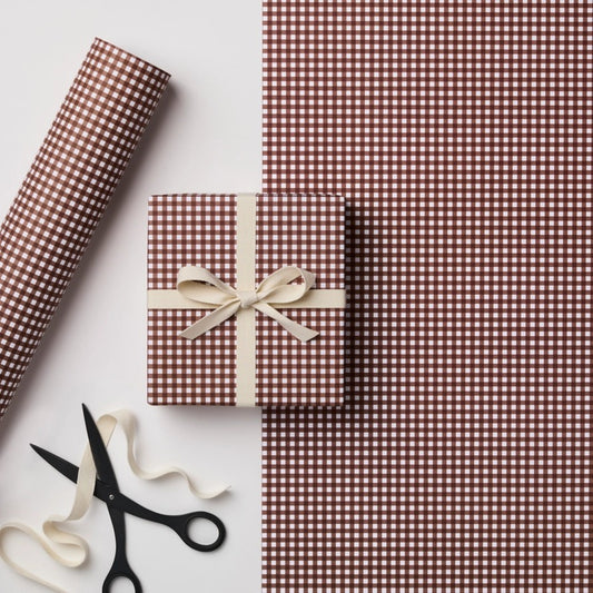 a sheet of wrapping paper with a small scale gingham pattern in russet brown