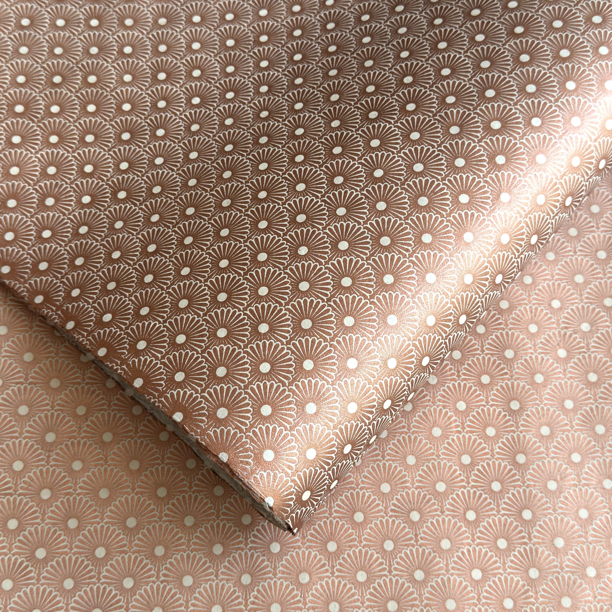 Nepalese handmade decorative lokta paper sheet with a copper metallic repeat floral pattern screen printed on an ivory lokta paper.