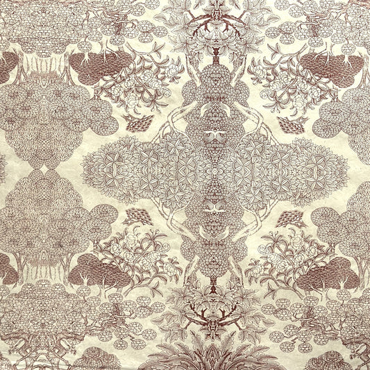 A sheet of Nepalese handprinted Lokta paper with a detailed pattern of trees and flowers in sepia on an ecru base.