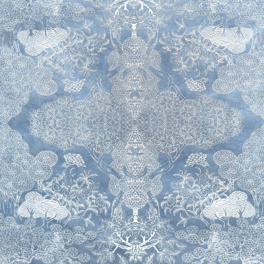 a sheet of Nepalese lokta paper in sky blue with a detailed pattern of trees and flowers screen printed in white
