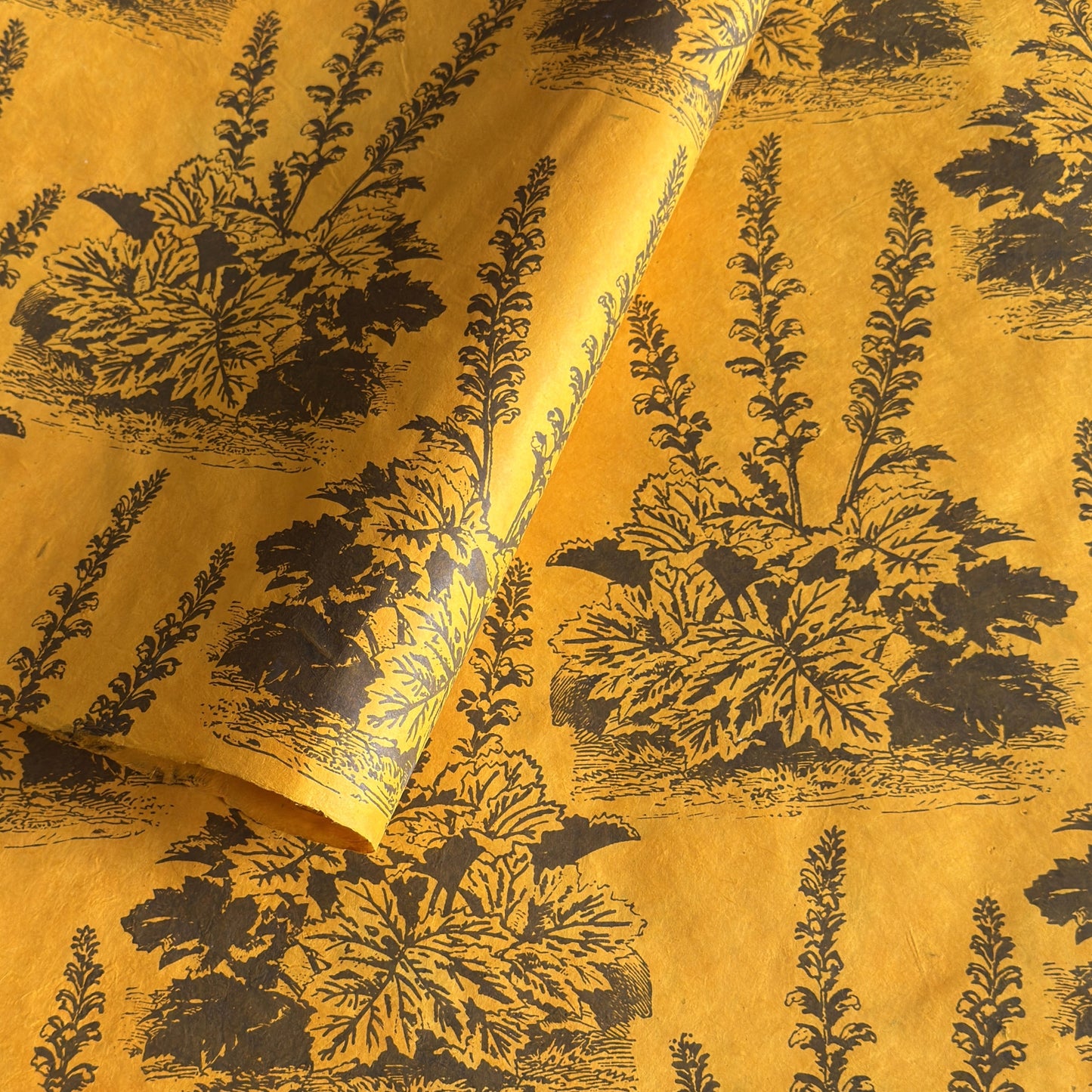 A Toile de Jouy style drawing of an agapanthus in brown screen-printed by hand on mustard yellow lokta paper.