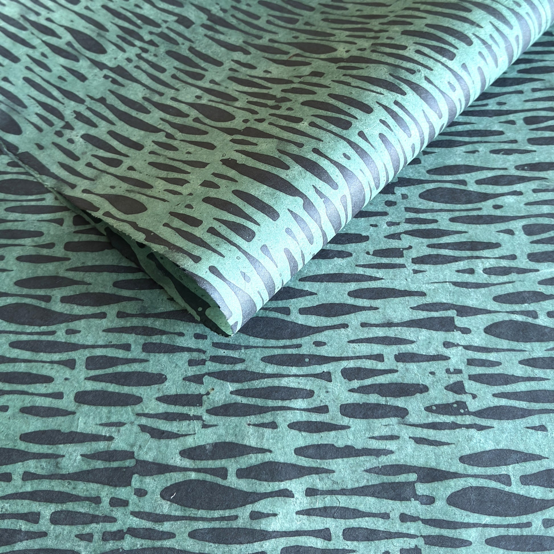 Nepalese handmade decorative lokta paper sheet with an abstract pattern in aqua and teal.  Batik dyed using carved wooden blocks.