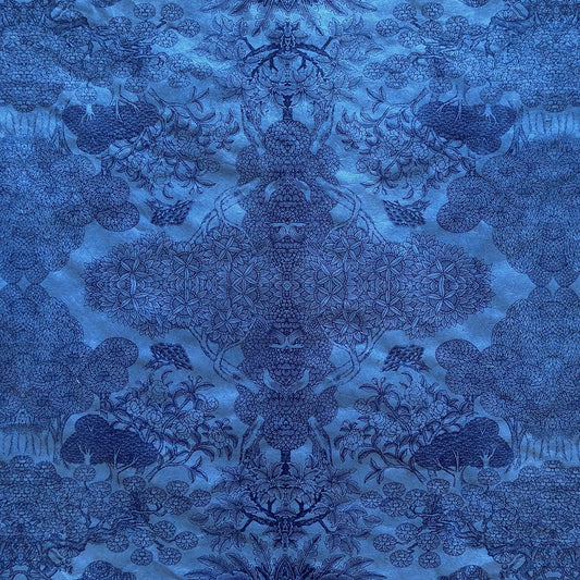 Detailed pattern of trees and flowers in dark blue screen-printed by hand on a blue lokta paper.