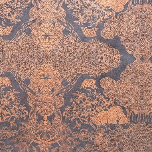 Nepalese handmade decorative lokta paper sheet with a detailed design of trees and flowers in copper screen printed on a dusty violet lokta paper.