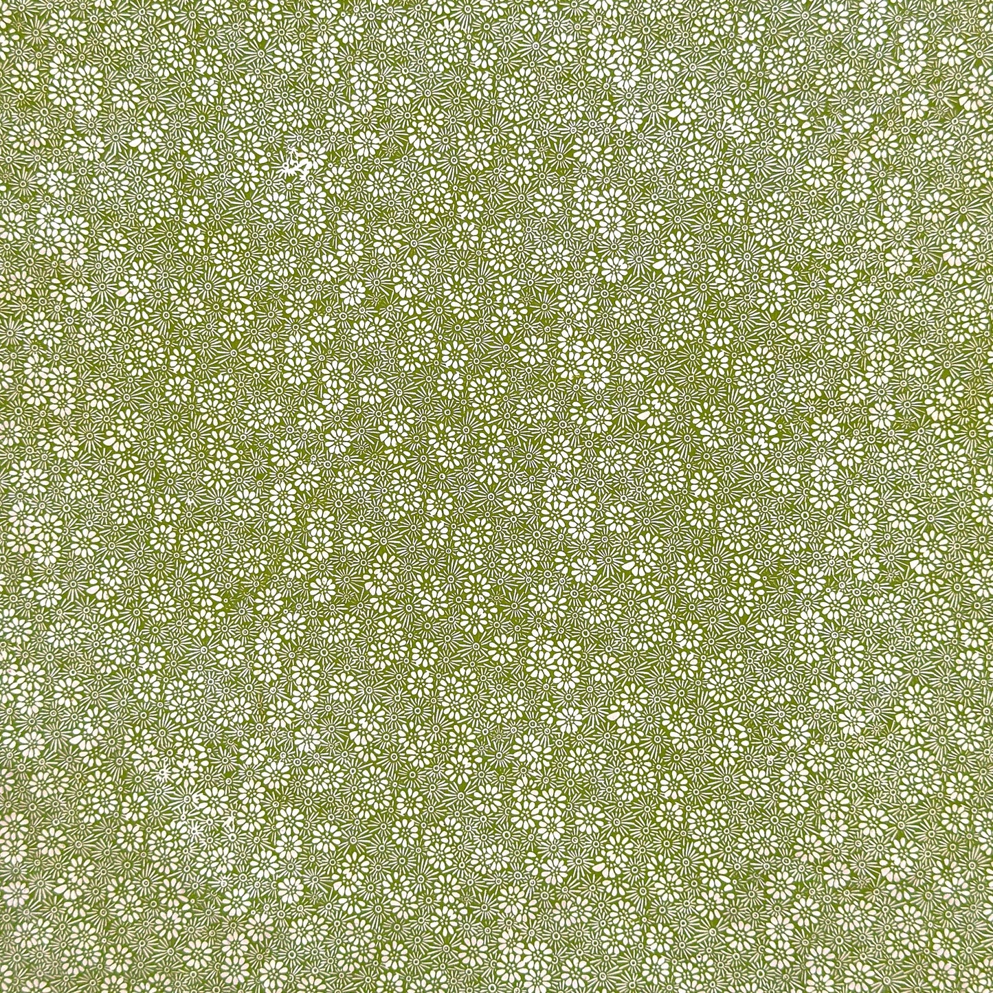 Nepalese handmade decorative lokta paper sheet with a white ditsy floral design screen printed on a green lokta paper.