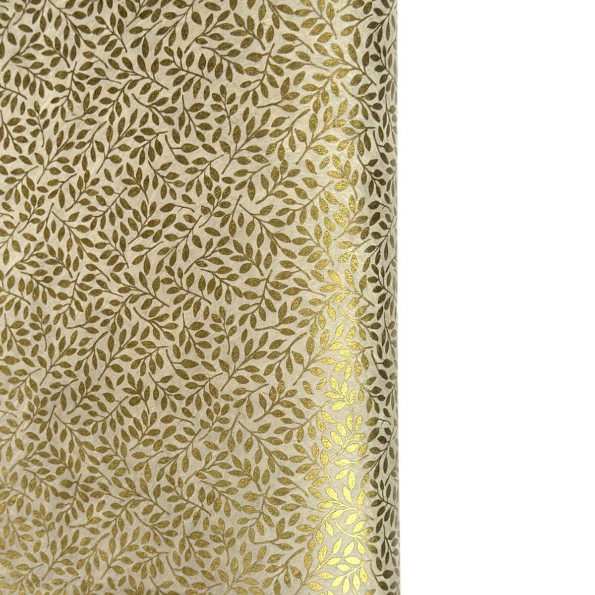 Nepalese handmade decorative lokta paper sheet with a metallic gold willow design screen printed on an ivory lokta paper.