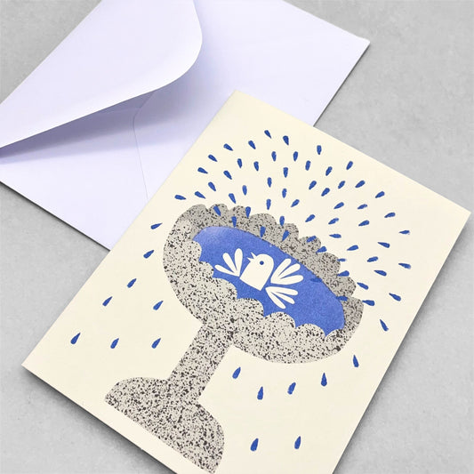 Small greeting card with a drawing of a happy little bird enjoying a bath by Lisa Jones Studio
