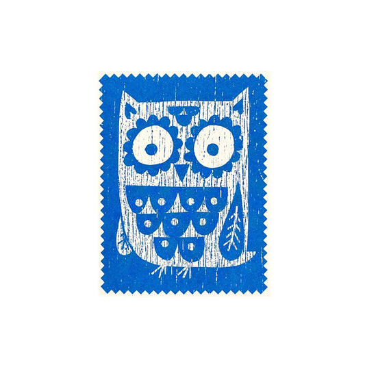 Small greetings card of a block printed woodland owl in blue and white by Lisa jones Studio
