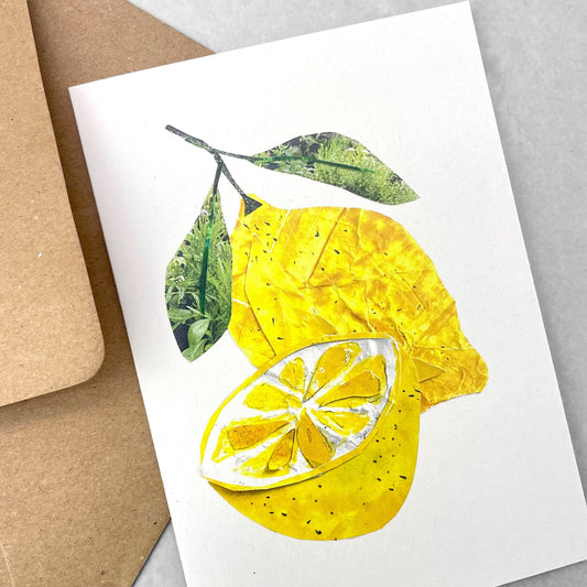 Greetings card by Megan Fartharly of a yellow collaged lemon, with envelope