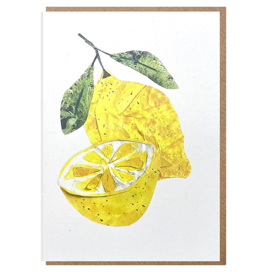 Greetings card by Megan Fartharly of a yellow collaged lemon