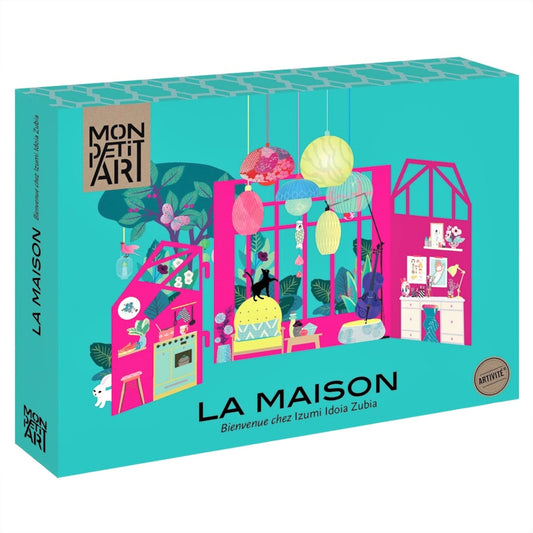 A paper doll's house kit by Mon Petit Art. La Maison, Bienvenue chez Izumi Idoia Zubia.  Front of the packaging box with image of the colourful paper dolls house to make and play with.