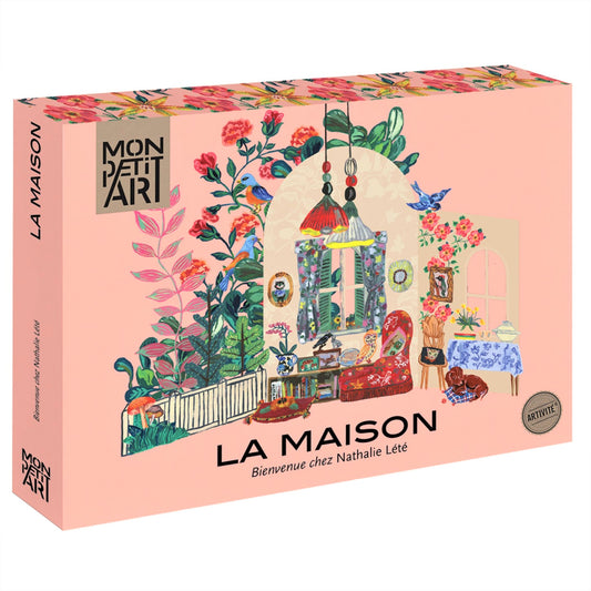 A paper doll's house kit by Mon Petit Art. La Maison, Bienvenue chez Nathalie Lete. Front of the packaging box with image of the colourful paper dolls house to make and play with.