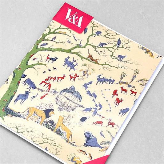 greetings card showing a drawing of kruger national park with lions, zebras, tigers, monkeys and deer