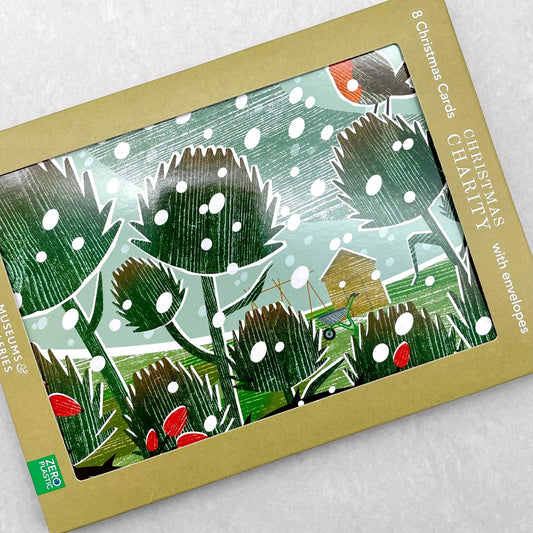 greetings card showing a cut-out effect scene of an allotment in the snow