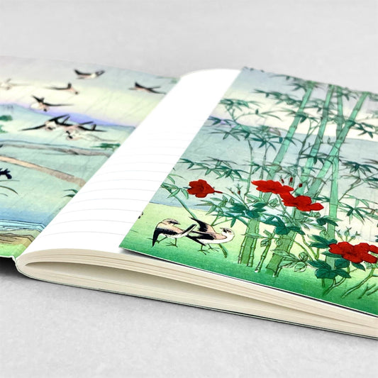 Small stitched notebook with a japanese design showing sparrows and bamboo in the rain