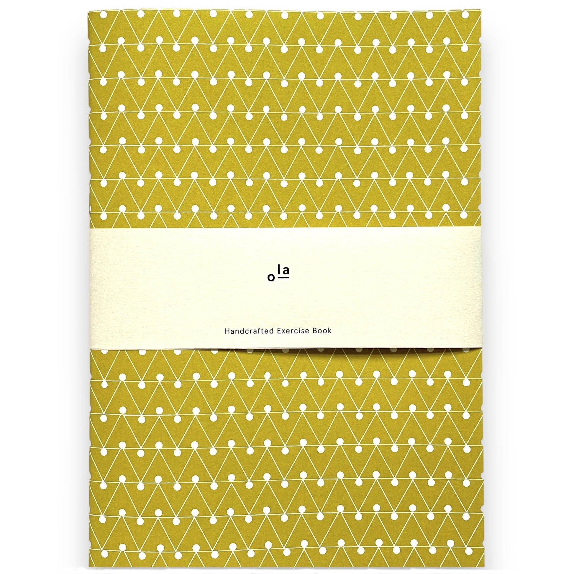 Slimline, softcover exercise book by Ola Studio with a triangular geometric cover in mustard and white, pictured with branded presentation band
