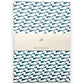 slimline exercise book with plain pages by Ola Studio, cover is a geometric repeat design in teal and lilac on a white background. Pictured with branded presentation band
