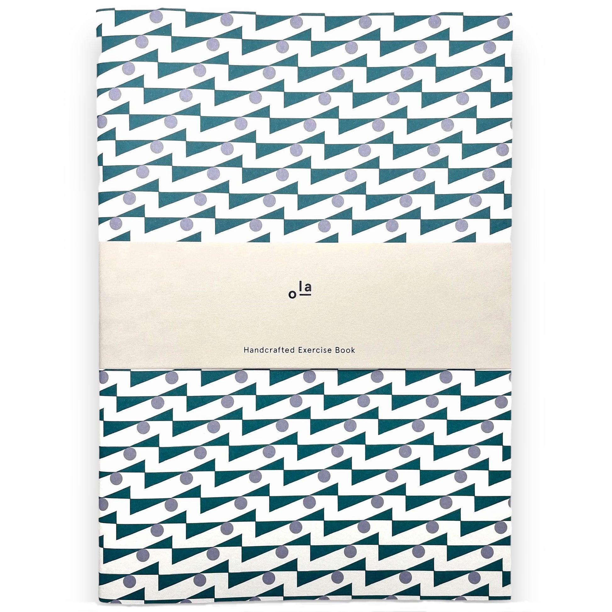 slimline exercise book with plain pages by Ola Studio, cover is a geometric repeat design in teal and lilac on a white background. Pictured with branded presentation band
