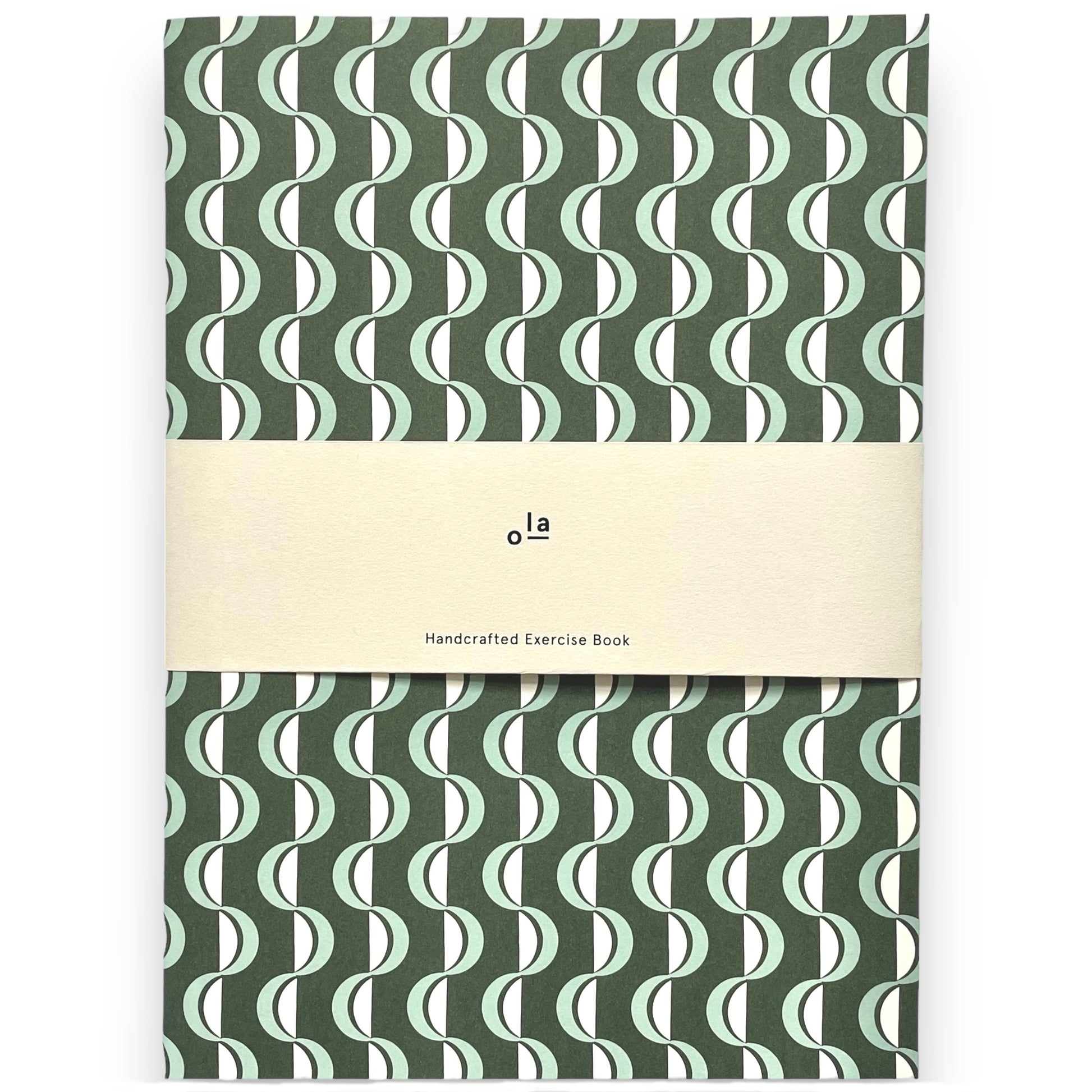 slimline softcover exercise book by Ola Studio, with plain pages. Front cover is a wavy stripe design in dark green and aqua on white. Pictured with branded presentation band
