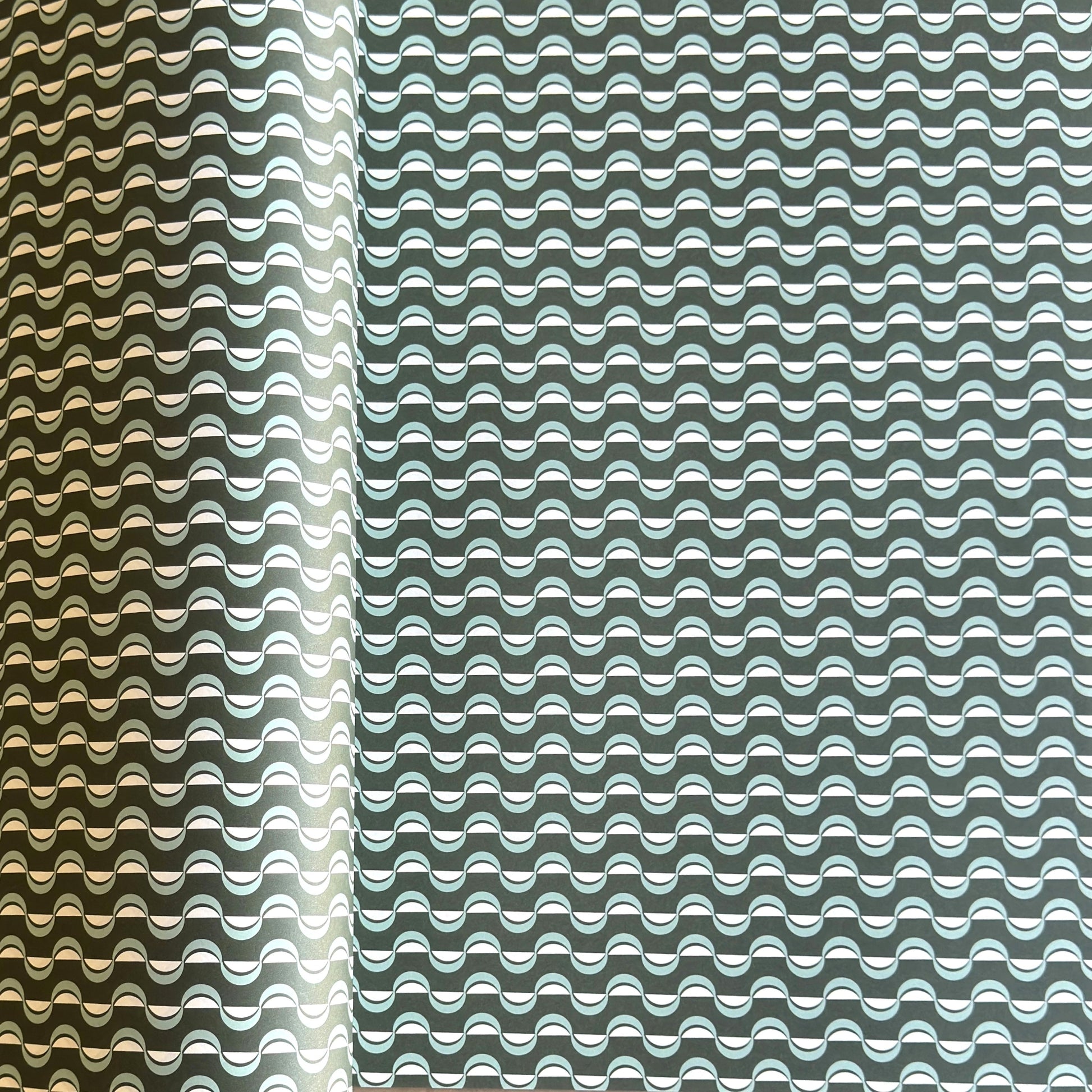wavy striped geometric wrapping paper in forest green, aqua and white, by Ola Studio 