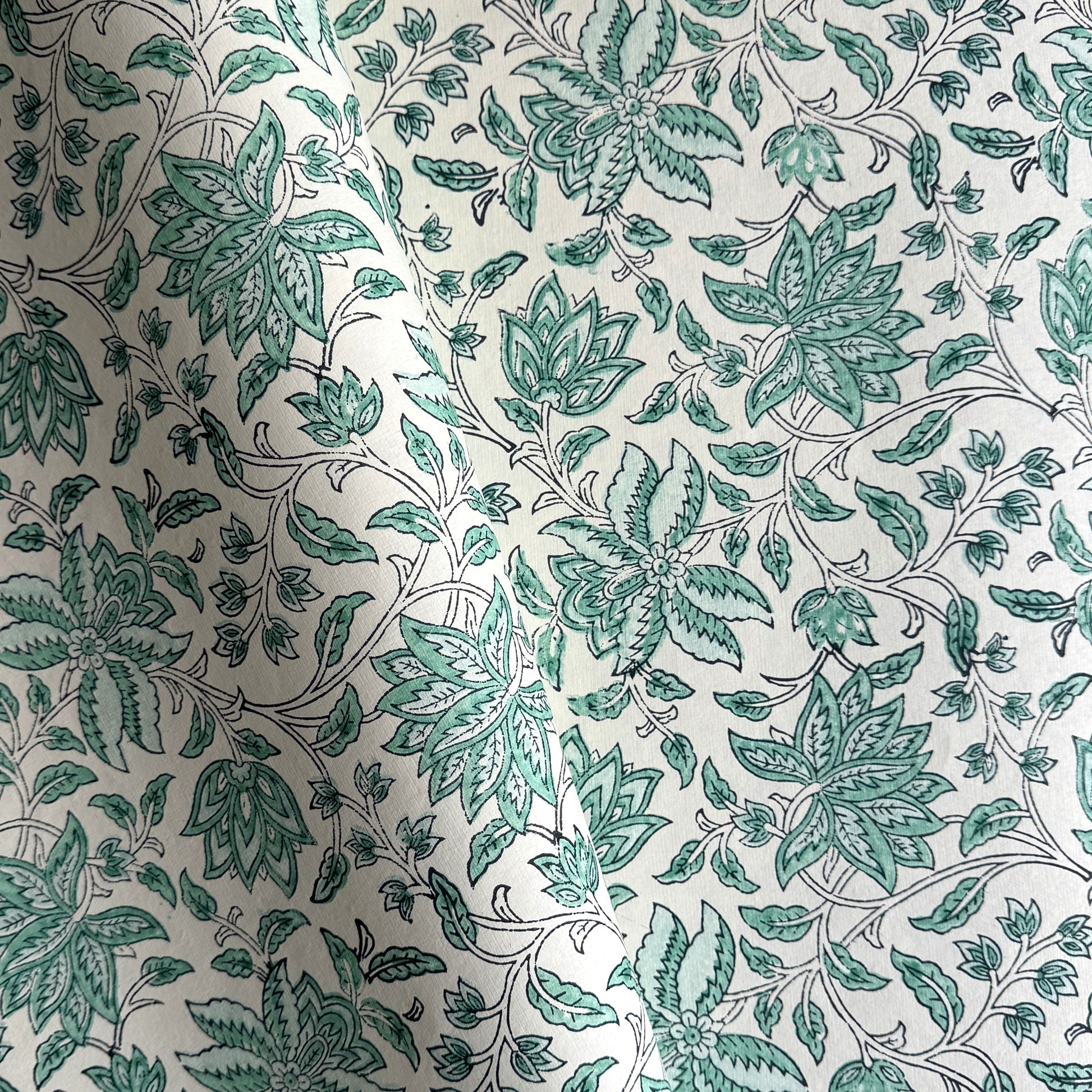 wrapping paper with repeat botanical floral pattern in light aqua by Paper Mirchi