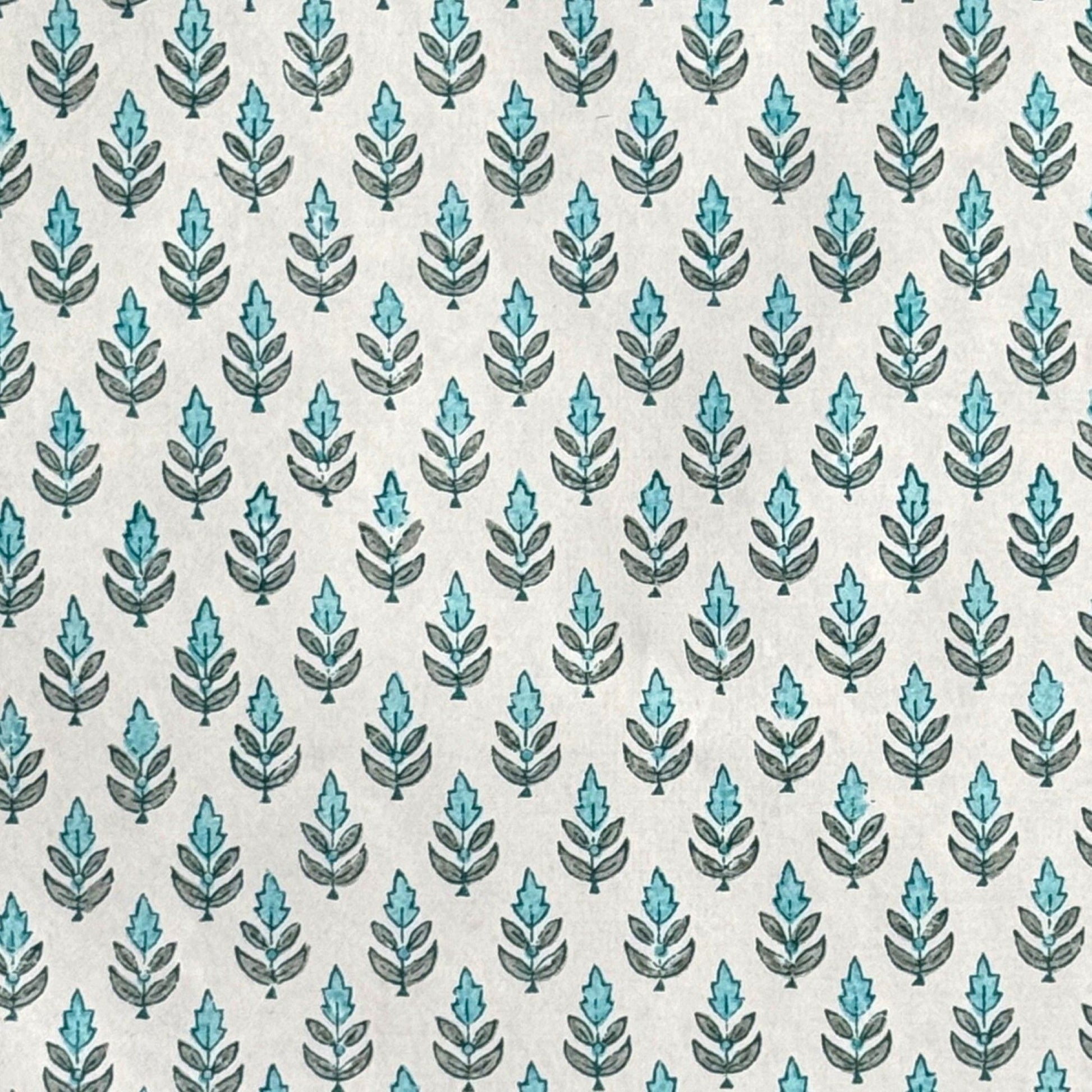 hand block printed wrapping paper by paper mirchi with a repeat floral pattern in turquoise and soft green on white backdrop