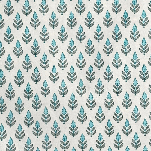 hand block printed wrapping paper by paper mirchi with a repeat floral pattern in turquoise and soft green on white backdrop