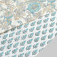 hand block printed wrapping paper by paper mirchi with a repeat floral pattern in turquoise and soft green on white backdrop