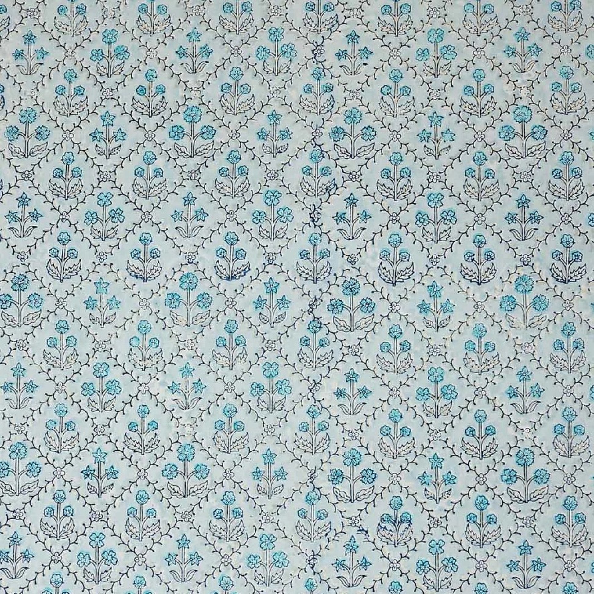 a sheet of hand block printed wrapping paper with a floral lattice design in soft blue