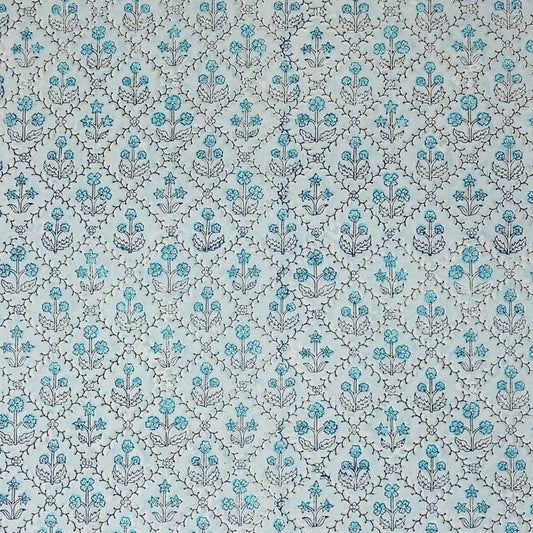 a sheet of hand block printed wrapping paper with a floral lattice design in soft blue