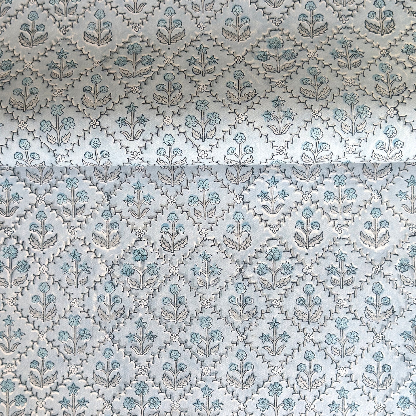 a sheet of hand block printed wrapping paper with a floral lattice design in soft blue