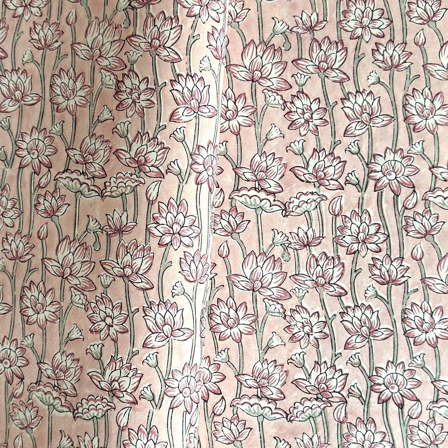 hand block printed wrapping paper by Paper Mirchi. Lotus flower repeat pattern in pale pink