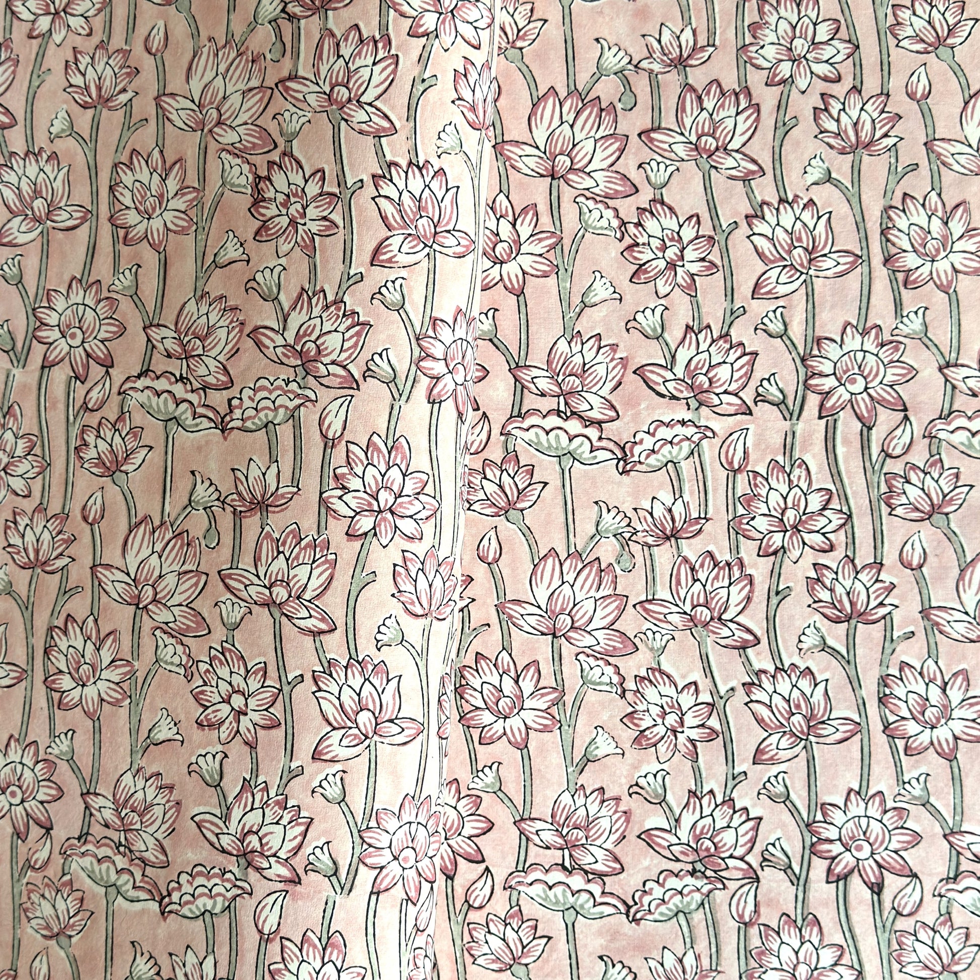 hand block printed wrapping paper by Paper Mirchi. Lotus flower repeat pattern in pale pink