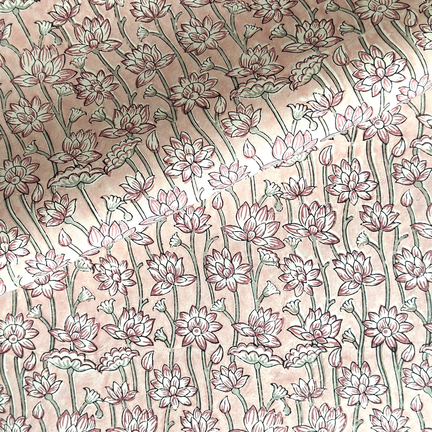 hand block printed wrapping paper by Paper Mirchi. Lotus flower repeat pattern in pale pink