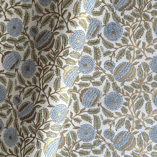wrapping paper with repeat botanical pattern in blue, gold and green by Paper Mirchi