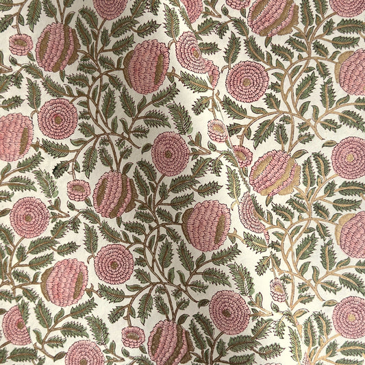 wrapping paper with repeat botanical pattern in pink, gold and green by Paper Mirchi