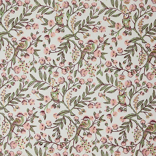 a sheet of hand-block printed wrapping paper with a pattern of a songbird amongst flowering branches in blush pink, soft green and gold