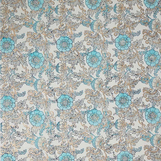 a sheet of hand block printed wrapping paper with a floral wild rose design in opal blue and gold